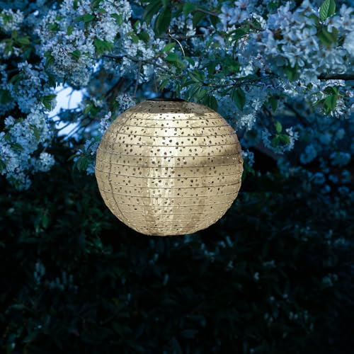 LED Solar Lampion mit Blumenmuster beige 25cm für Party Balkon Terrasse outdoor Gartenlampion mit Sensor wetterfeste Solarlampe hängend Laterne (beige - 1 Stück (rund))