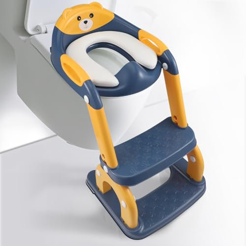 Reducteur Toilette Enfant,2 en 1 Rehausseur Filles Garçons,Siège de Toilette pour Enfants Garçons et Filles,Réglable Reducteur Toilette Enfant avec Marche,Anti-éclaboussures et Antidérapant Bleu Jaune