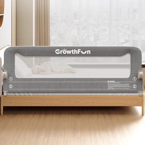GrowthFun Foldable Bed Rail for Toddlers, 71in Reinforced Carbon Steel Frame&Connectors, Breathable Cationic Fabric - Safety Toddler Bed Rails for Queen, King, Twin, Full, No-Tool Setup.