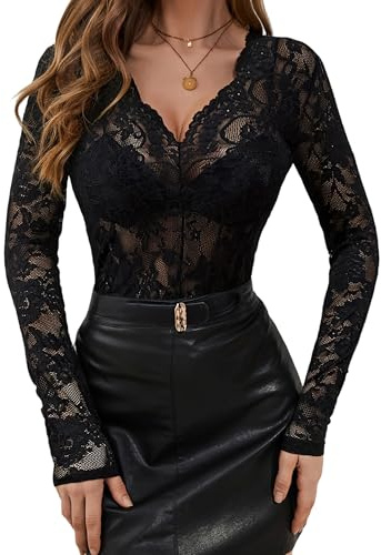 Women Floral Embroidery Mesh Lace Sheer Scallop Trim V Neck Long Sleeve Top Undershirts Layering Top Shirts (A Black, XL)
