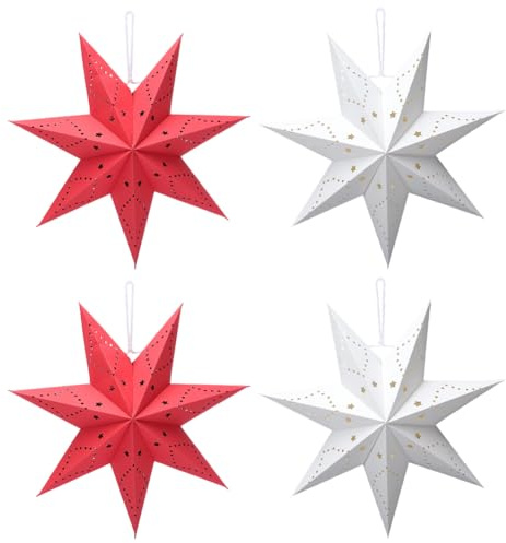GORGECRAFT 4 Stück Papierstern Laternen Lampenschirm Weiß Rot Siebenzackige Sterne Winterurlaub Weihnachten Hängende Laternen Dekorationen Für Hochzeit Geburtstag Neujahr Party Heimdekoration
