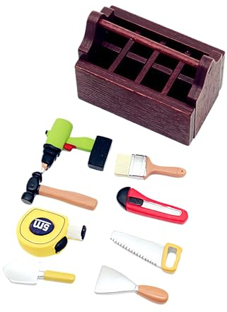 Set di attrezzi in legno marrone scuro in miniatura per casa delle bambole con strumenti, scala 1:12, accessori da officina, scomparti multipli, strumenti realistici in metallo e legno, 4,1 x 3,3 x