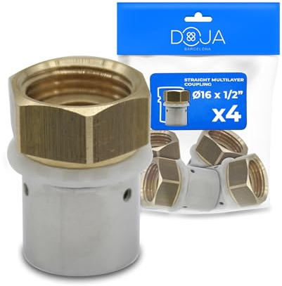 DOJA Barcelona Pressfitting Kupplung - Ø16mm x 1/2 - 4er- Pack - Einfache Montage - Pressfitting für Mehrschichtrohr - Mehrschichtverschraubung mit Perfektem Dichtungsdesign - Quetschverbinder