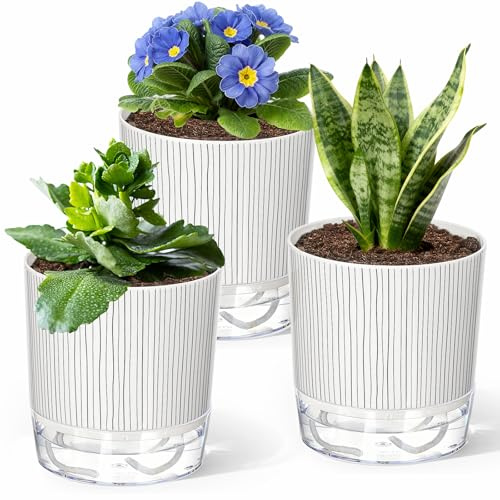 IWTTWY 3 Pack Self Watering Plant Pots Indoor, 16cm Auto Watering Planter with Wick Rope and Reservoir, Plastic Plant Pots for House Plants, Herbs, Pothos, Snake Plants, Peace Lily, Orchid