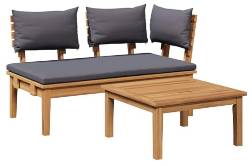 Runheo Gartenbank 2er Set Grau Braun Massivholz Teak, Langlebige Outdoor Sitzgruppe für Terrasse, Balkon, Patio Möbel, Rechteckig, Modern