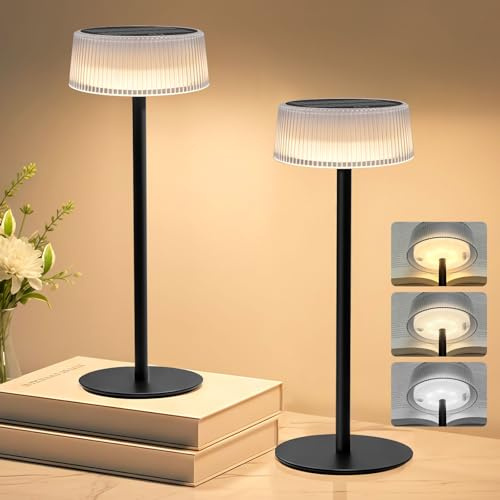 Lacasa LED Akku Tischlampe, Solar Tischlampe Kabellose 2 Stück, Touch Dimmbar Nachttischlampe Portable Tischleuchte, IP67 Wasserdicht 3000K-6000K/3 Farben Leselampe für Wohnzimmer Schlafzimmer Garten