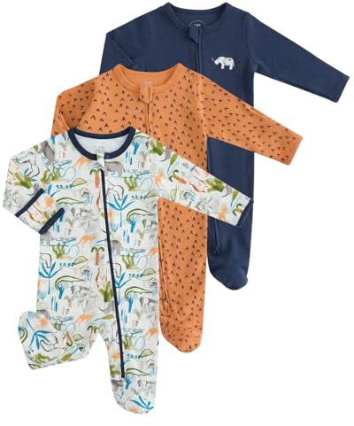 JiAmy Baby Schlafanzug Strampler 3er Pack Baumwolle, Unisex Baby Overall mit Reißverschluss, Fußteil und umklappbaren Fäustlingen für Neugeborene to 12Monate