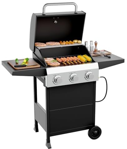 ROVSUN Gasgrill Camping mit 3 Brennern, Camping Gasgrill 10,5 kW, Grillwagen mit Deckel & 2 Seitenablagen, Gas Grill (3 Brennner, 117x40x140 cm)