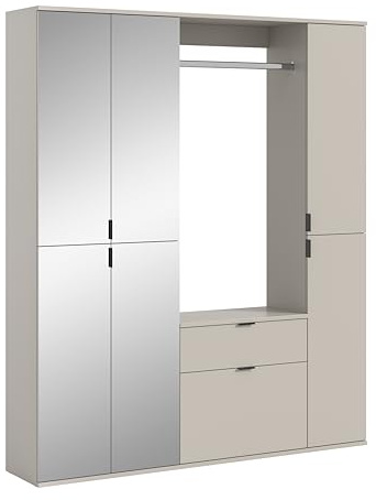 xonox.home – 3 TLG. Garderobenkombination Projekt X 152x193x34 cm in Kaschmir Melamin – Set mit Spiegelschrank, schmaler Kommode, Wandboard & Hochschrank – Kompakte Flurwand für strukturierte Ablage