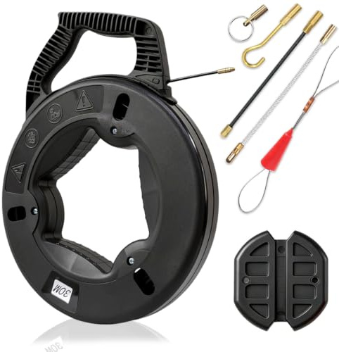 Aiguille Électricien 30m Tire Fils en Fibre de Verre Electrique Fish Tape | Outil Extraction Câble Flexible, avec Boîtier Poignée, pour Murs Conduits Installation Câbles Électriques