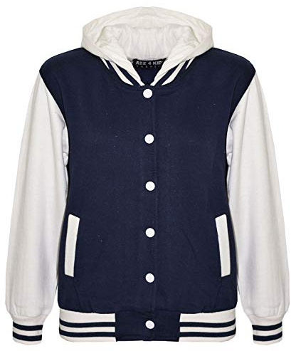 A2Z 4 Kids Girls Boys B.B Hooded Plain Jacket Varsity Classic Baseball - B.B Plain Hooded Jacket Navy 9-10