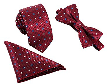 WANYING Herren Klassische 6 * 12cm Fliege & 6cm Schmale Krawatte & 22 * 22 cm Einstecktuch 3 in 1 Sets - Gepunktet Burgund Rot
