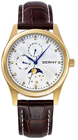BERNY Uhren für Männer wasserdichte Herrenuhren mit echtem Lederarmband Mode Herrenuhr mit Kalender Woche Mondphase Dail