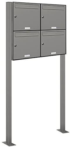 AL Briefkastensysteme 4er Standbriefkasten in Aluminiumgrau RAL 9007 als 4 Fach Briefkastenanlage DIN A4 in Postkasten Briefkasten Design modern