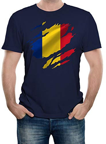 Reality Glitch Herren Torn Romania Flag T-Shirt (Navy Blau, Klein)