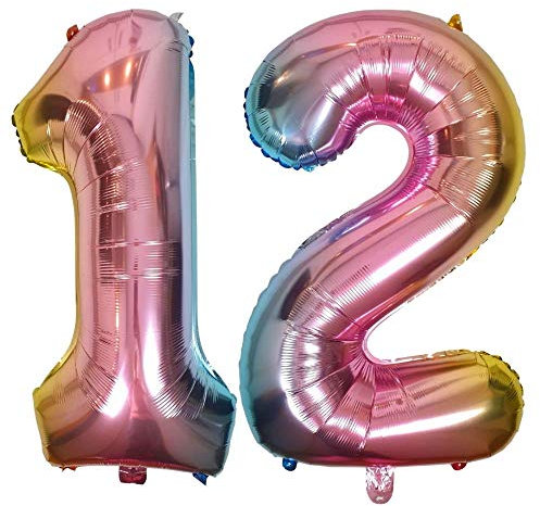DIWULI Luftballon 12 Geburtstag XL Rosa Regenbogen - Folienballon 12, Zahl 12 Ballon 12 Jahre, Geburtstagsdeko 12. Geburtstag Party-Deko Junge Mädchen, Zahlen-Ballon Groß Dekoration, Zahlen-Luftballon