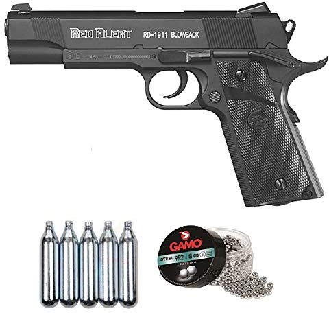 Promohobby Pack Pistola de perdigon Red Alert Rd-1911 Blowback co2 Cal.4.5mm + 5 Botellas co2 + 1 Lata perdigones Gamo Steel BB'S 4.5mm (500 Bolas de Acero)
