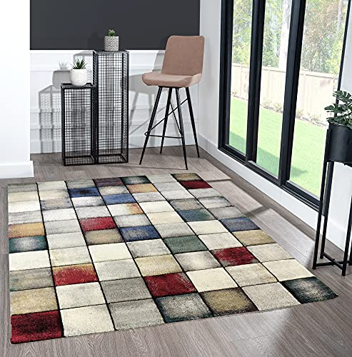 the carpet Monde Deluxe Wohnzimmer Teppich Hand Carved, Kurzflor, Bunt, Blau, Weiß, Rot, Grau, Gold, Quadrat Muster, 200 x 290 cm
