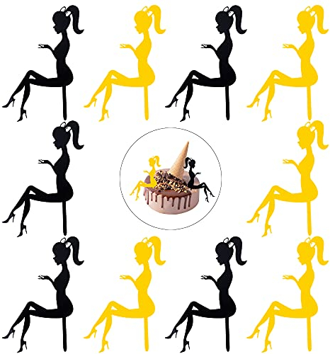 Liitata 10 Stück High Heels Lady Cake Toppers Acryl kuchendeckel Elegante Mädchen Cupcake Topper für Hochzeitsfeier Geburtstag Party Storte Dessert Dekoration Golden Schwarz