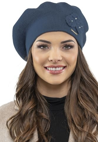 VIVISENCE Baskenmütze Damen Elegant Blume Warm Herbst Winter Accessoire 7006, Blau,Einheitsgröße