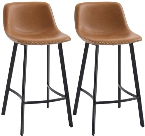 HOMCOM Bar Stools Set of 2 PU Leather Upholstered with Backrest Brown | Footrest, Steel Legs, High Dining Bar Stools for Kitchen, Counter, Breakfast Bar