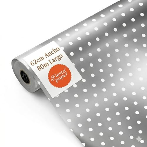 Rollo de Papel Regalo Fondo Plata Lunar Blanco 62cm x 80m Bobina Grande Resistente - Envolver Regalos Cumpleaños Baby Shower Bodas Tiendas Comercios - FP Fiesta Paper