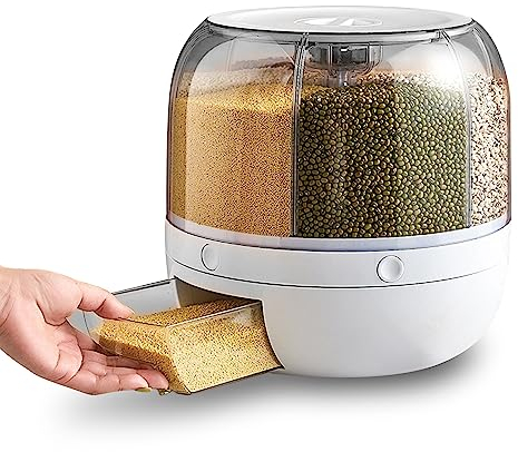 Sonew 6 Grid Grain Dispenser, 360° Rotating Moisture Resistant Dry Food Storage Box with Lid, Household Airtight Rice Storage Box for Small Beans (10L)