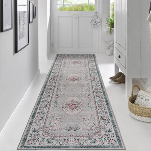 TALETA Teppichläufer rutschfest, Küchenteppich waschbar, Langer Orientteppich,Vintage Blumenmuster Teppich für Küche, Flur, Terrassen, Eingang, Hallway, Büro, hellgrau, 80 x 300 cm