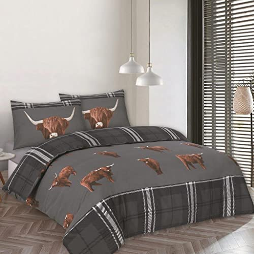 Charlotte Andersen Tartan Check Highland Cow Grey SUPER KING Duvet Cover Set Reversible PolyCotton Bedding (GREY, SUPER KING)