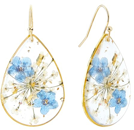 Pendientes de Flores Prensadas En Seco NICENEEDED, Pendiente Colgante de Resina Floral, Pendientes de Aro Hechos A Mano con Forma de Lágrima, Accesorios de Joyería para Mujeres Y Niñas, Uso Diario