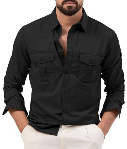 BiCophy Mens Long Sleeve Safari Shirts Casual Loose Tactical Cargo Work Shirts Outdoor Lightweight Button Down Hiking Travel Shirts Black