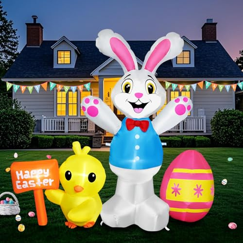 Raymall Aufblasbare Oster-Outdoor-Dekorationen, 1,5 m hoch, Osterhase aufblasbar mit Küken, Ei und Happy Yard Schild