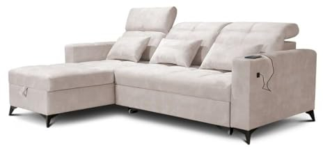 Ecksofa Inez, Sofas mit bettfunktion, Schlafsofa mit bettkasten,Möbel, Couch mit USB,Modern Sofaeck, Eckcouch,L-Form, Polstersofa, Verstellbarer Kopfteile, folding sofa bed Sitzecke 26 (Rechts)