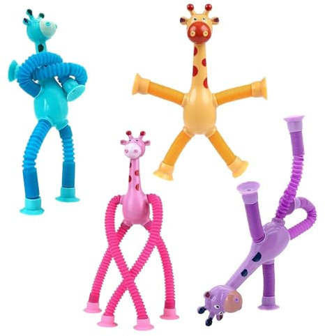 4 Stück Teleskop Giraffe Saugnapf Spielzeug, Telescopic Suction Cup Giraffen Toy, Giraffen-Pop Röhren, Lustiges Pädagogisches Stressabbau-Spielzeug für Kinder Erwachsene