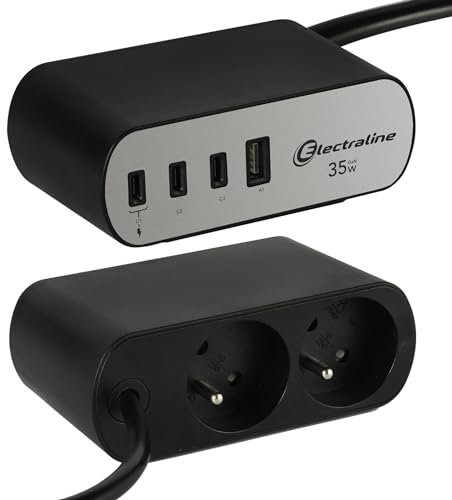 Electraline 35461 Bloc Multiprise pour Bureaux Electradock avec 2 Prises Françaises + 4 USB (3 USB C (Power Delivery) PD35W + 1 USB A QC) + 1 support de bureau inclus