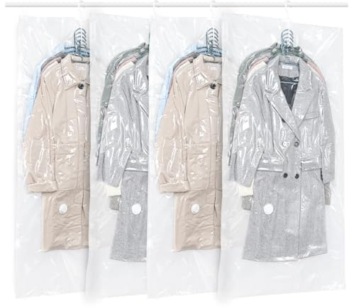 QH7 Vakuumbeutel zum Aufhängen, platzsparende Vakuumbeutel für Kleidung, Anzüge, Kleider, Mäntel oder Jacken, transparenter und wiederverwendbarer Schrank-Organizer mit 4 Stück, 145 x 70 cm