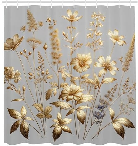 ABAKUHAUS Vintage Duschvorhang, Einfaches Design in Gold Gelb Tönen Blumengarten Szene Bauernhaus Kunstkonzept, Stoffliches Gewebe Badezimmerdekorationsset mit Haken, 175 x 200 cm, Kamel Blasses Lila