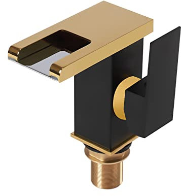 LANNADD Led Wasserfall Waschbecken, Hahn Glas Armatur Waschbecken Wasserfall, Auslauf Hahn 3 Farbe Ändern Beleuchtung Geeignet für Bäder Küchen Duschen und Waschbecken (Schwarz+Gold)