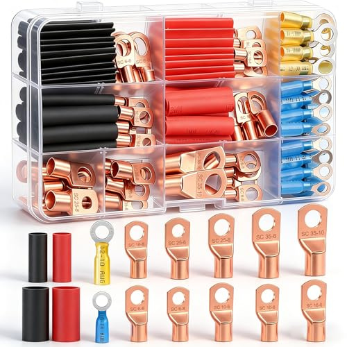 Twidec/130PCS Battery Cable Ends AWG 2 4 6 8 10 12 14 16 Gauge Copper Cable Wire Lugs,Ring Terminals Connectors,Copper Ring Terminals with Heat Shrink N-067-130PCS