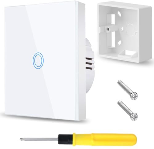 Acmerota Touch-Lichtschalter, 1Gang 1Weg, 240V AC, 5–300W, weiße gehärtete Glasscheibe, einzelner Lichtschalter mit LED-Hintergrundbeleuchtung für Zuhause, Büro, Schule, mit Backbox