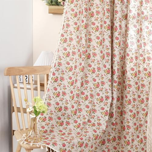 Moslovstar 1 Paar Leinenvorhänge mit Blumenmuster, rustikaler Landhausstil, lichtdurchlässige Fenstervorhänge mit Taschen, Beige, Quasten, 132 x 214 cm, rote Rose auf Beige