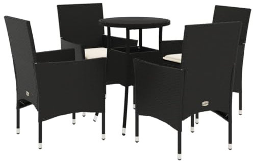vidaXL Garten Essgruppe 5-TLG., Gartenmöbel Set mit Kissen, Gartengarnitur Tisch 4 Stühle, Lounge Sitzgruppe Sitzgarnitur, Schwarz Poly Rattan Glas