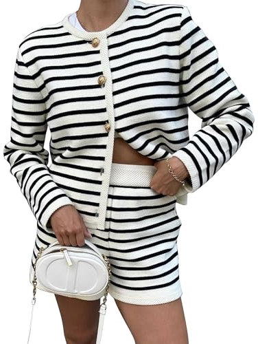 MISSACTIVER Damen-Pullover, 2-teiliges Outfit, trendig, gestreift, langärmelig, Knopfleiste, Strickjacke, Shorts, Lounge-Set, Weiss/opulenter Garten, S