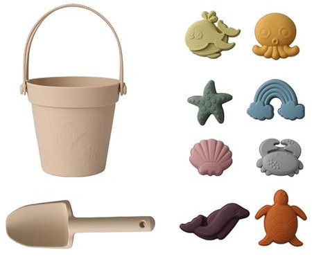 JasCherry Strandspielzeug für Kinder, 10 Stück Silikon Sandspielzeug Set mit Sandeimer Schaufel Sandformen, Badewannenspielzeug, Sandbox Toys Sandburg-Baukasten für Kinder Junge Mädchen(B)