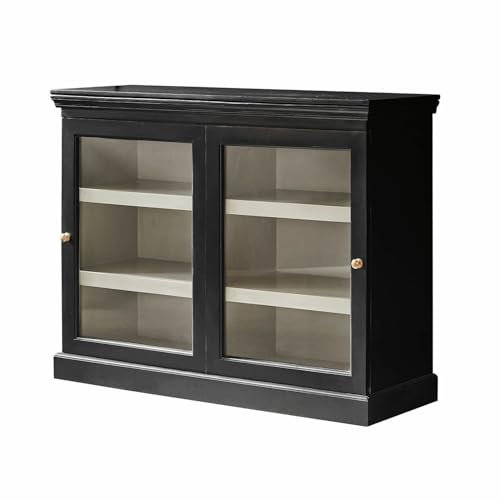 Loberon Kommode Sturminster, Landhaus-Charme, Edle Messinggriffe, mit Schiebetüren, Aufbewahrung, Vitrine, Mangoholz, Glas, antikschwarz