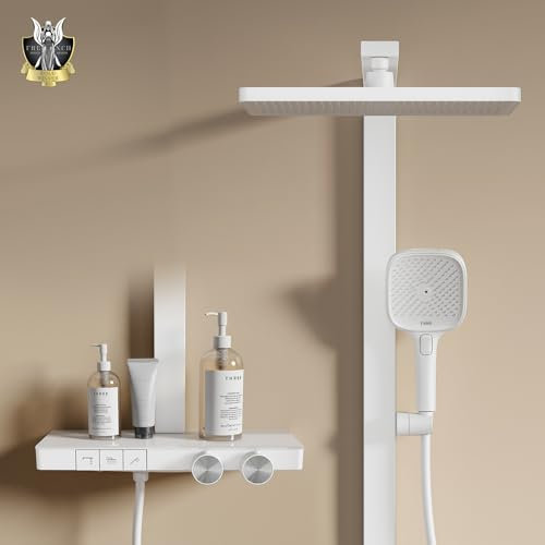 EMKE Duschsystem mit Thermostat,Weiß Matt, Einstellbarer Durchfluss Duschsystem Regendusche, 36x24 cm Regendusche, 4-Strahl Handbrause, inkl. Brausestange und Schlauch