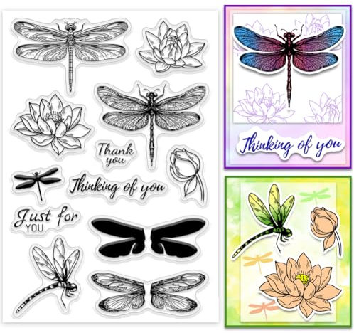 PH PandaHall Dragonfly Lotus Clear Stempel für Scrapbooking, Natur Blume Silikon Stempel Dankeschön Transparenter Gummistempel für Kartenherstellung Dekoration, Buch, Journal, Geschenkanhänger Box