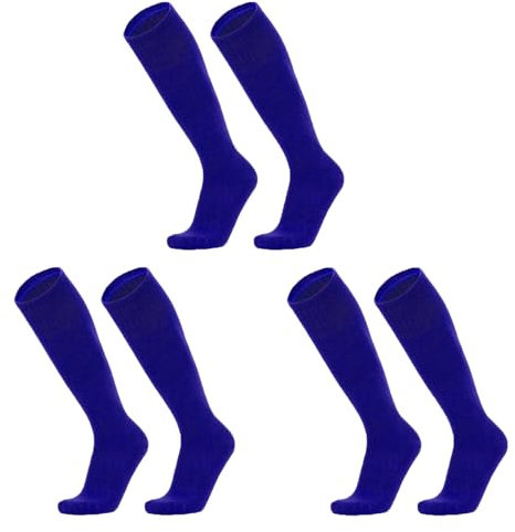 LURVOUS 3 Paar Blaue Kinder-Fußballsocken für Jungen und Mädchen - Lange Atmungsaktive Sport-Socken für Rugby, Basketball, Hockey - Alter 5-12