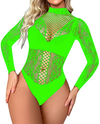 vejtmcc Langärmlige, verführerische Netzstrümpfe, Enger, sexy Netzmantel W572 Lack Dessous Damen (Green, One Size)