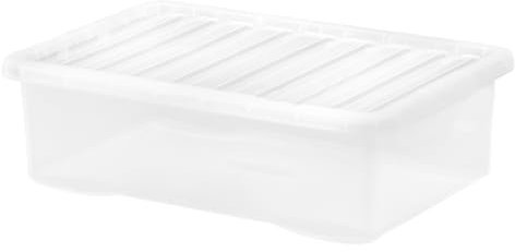 FotoStation 32L Litre Plastic Underbed Storage Boxes with Lids Clear Stackable Nestable Storage Boxes for Home & Office 60cm X 40cm X 18cm - MADE IN UK (Pack of 4)